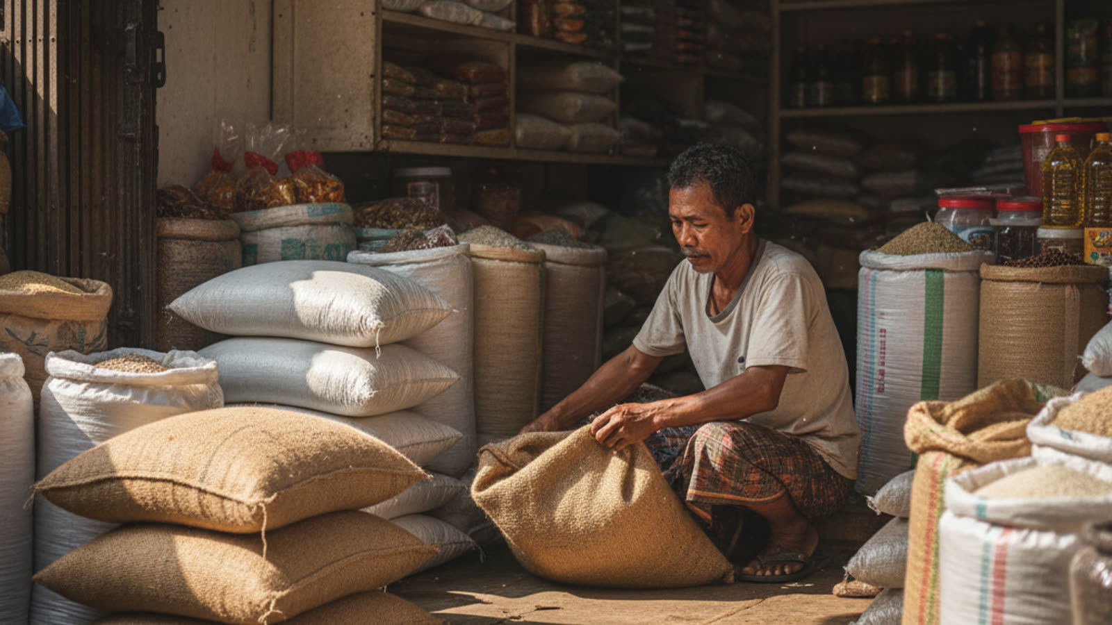 Toko beras tradisional Indonesia dengan karung dan bak beras